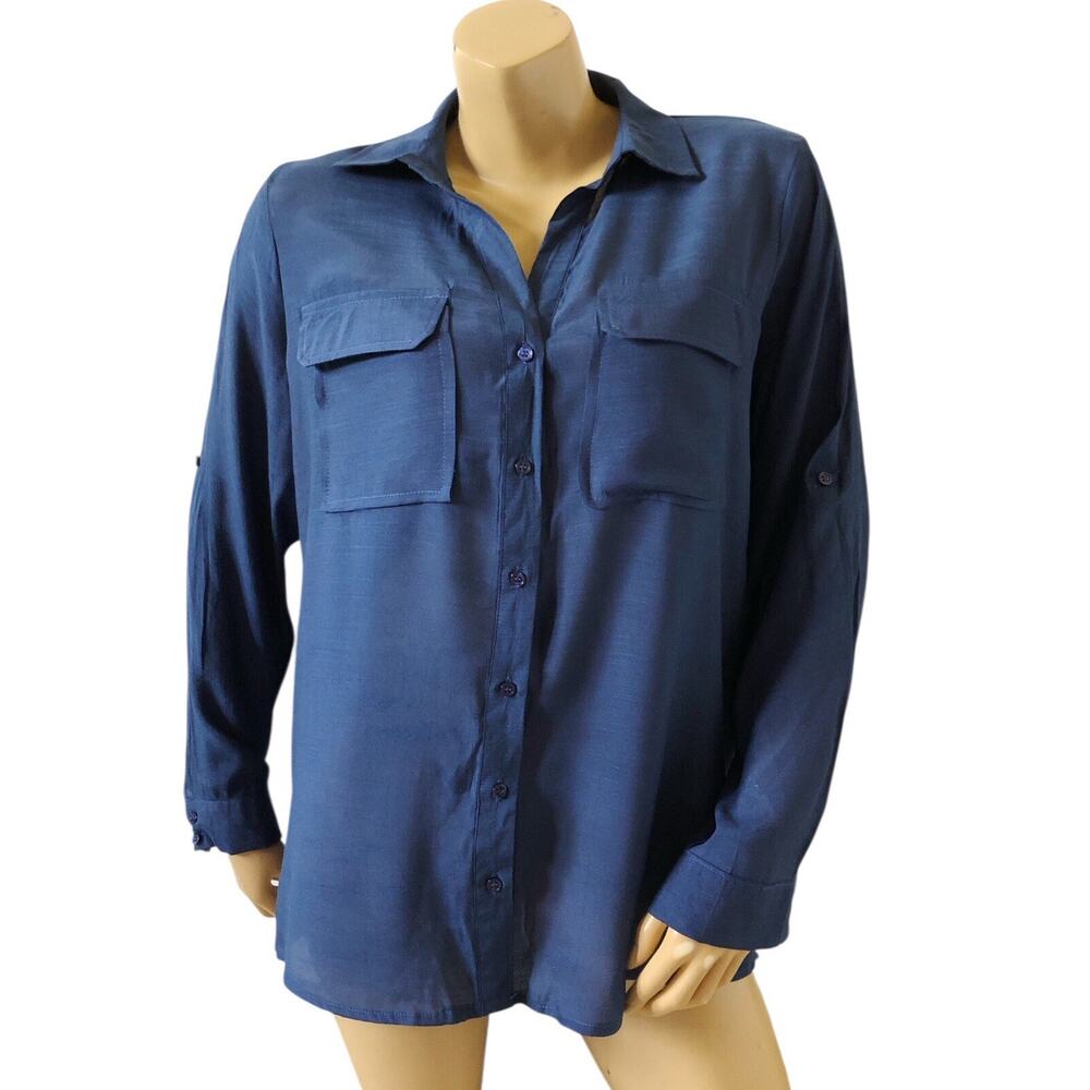 Sunburst Kiss Button Up Shirt Womens Medium Blue Roll Tab Sleeve Top Pockets